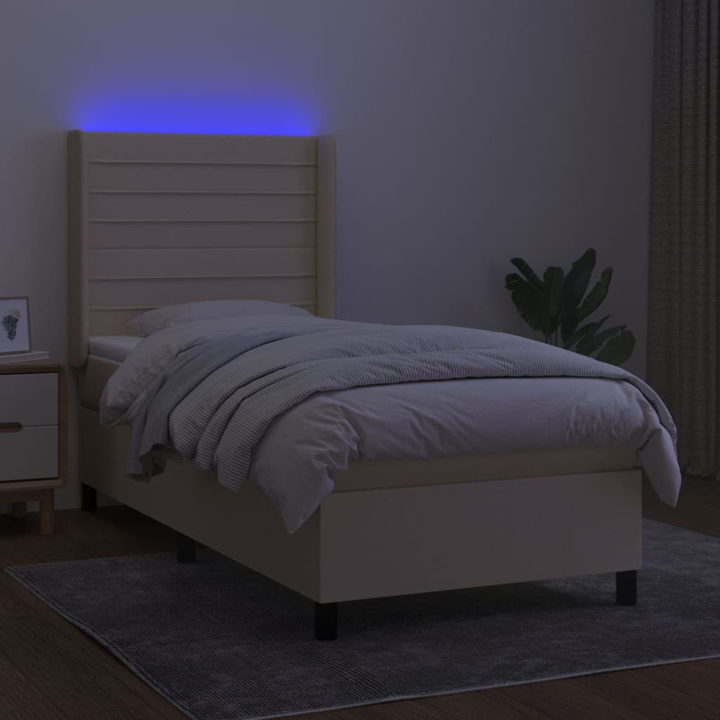 Lova su grotelėmis/čiužiniu/LED, kreminė, 90x200 cm, audinys